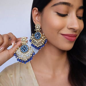 blue meenakari chandbali earrings with pearl and bead drops