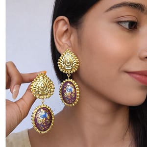purple meenakari floral drop earrings with gold finish