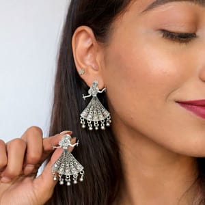 oxidized silver tribal dancing doll jhumka