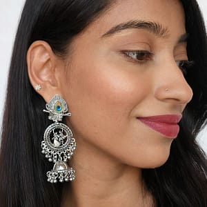 oxidized peacock krishna long jhumka earrings with ghungroo drops