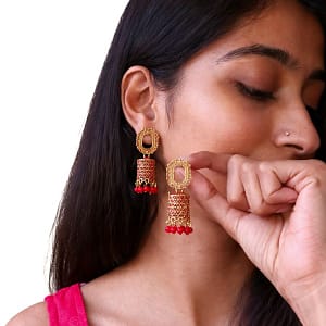 gold oxidized cutwork drop earrings with blue beads