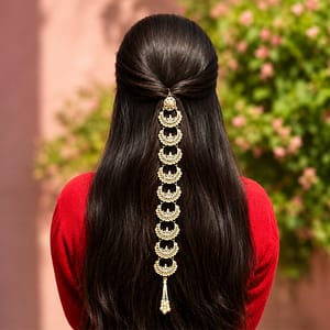 golden pearl cascade shishpatti hair accessory for women | traditional bridal hair chain
