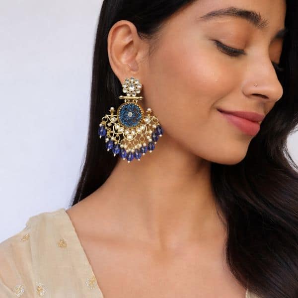 blue meenakari chandbali earrings with pearl and bead drops blue meenakari chandbali earrings with pearl and bead drops