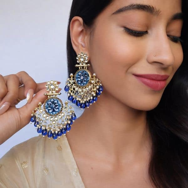 blue meenakari chandbali earrings with pearl and bead drops blue meenakari chandbali earrings with pearl and bead drops