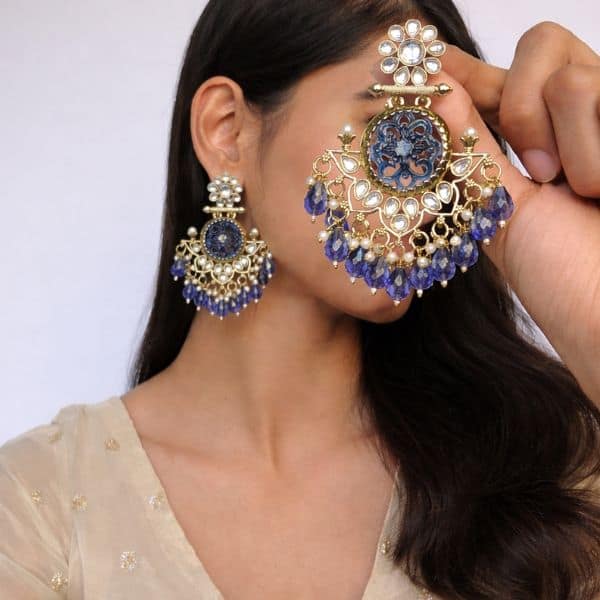 blue meenakari chandbali earrings with pearl and bead drops blue meenakari chandbali earrings with pearl and bead drops