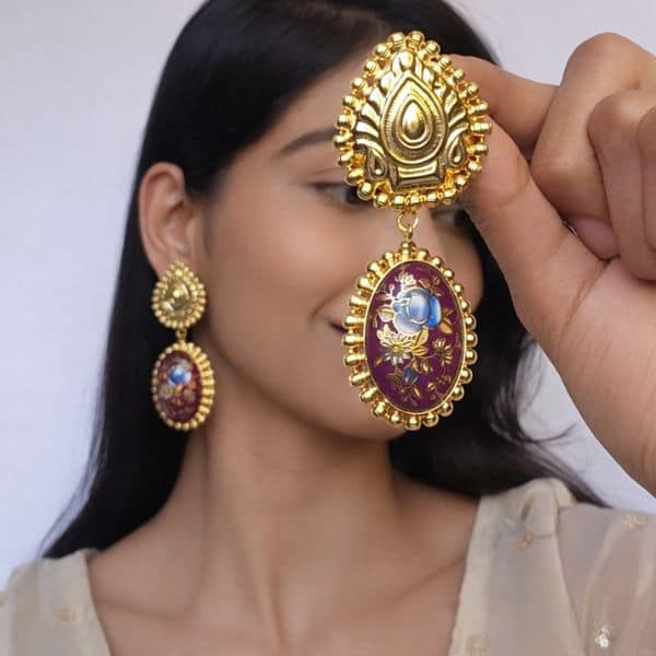 purple meenakari floral drop earrings with gold finish purple meenakari floral drop earrings with gold finish