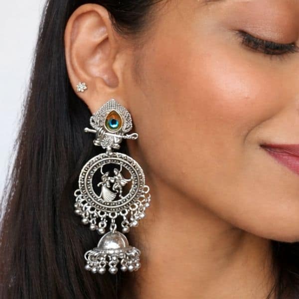 oxidized peacock krishna long jhumka earrings with ghungroo drops oxidized peacock krishna long jhumka earrings with ghungroo drops