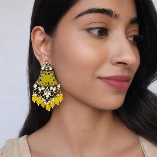 yellow floral chandbali earrings with pearl and bead drops yellow floral chandbali earrings with pearl and bead drops