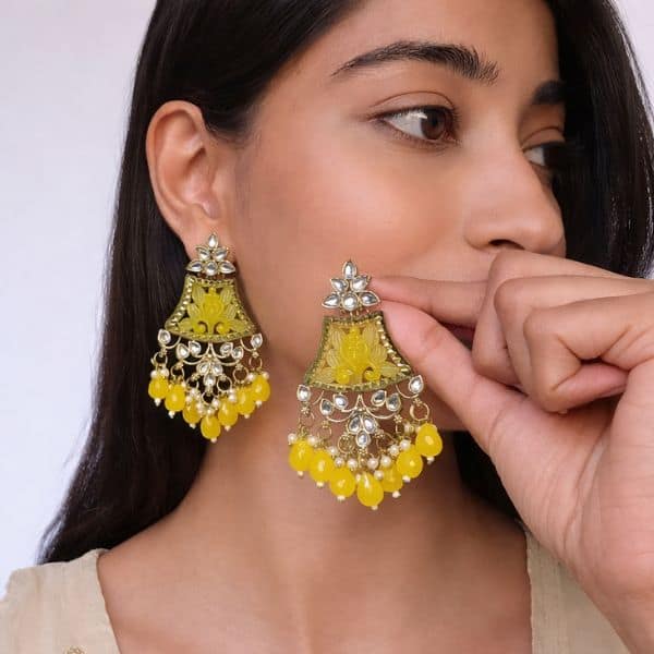 yellow floral chandbali earrings with pearl and bead drops yellow floral chandbali earrings with pearl and bead drops