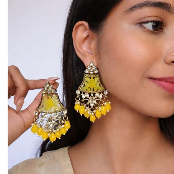 yellow floral chandbali earrings with pearl and bead drops yellow floral chandbali earrings with pearl and bead drops