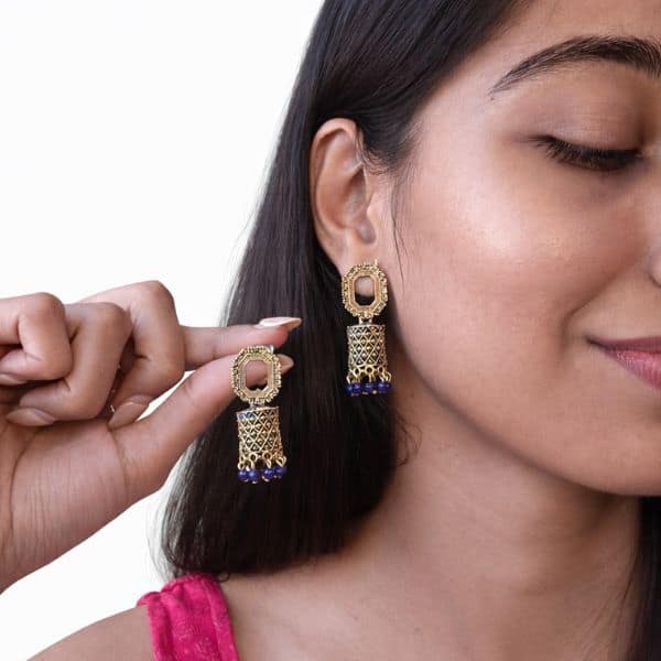 gold oxidized cutwork drop earrings with blue beads gold oxidized cutwork drop earrings with blue beads
