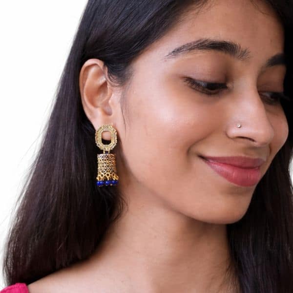 gold oxidized cutwork drop earrings with blue beads gold oxidized cutwork drop earrings with blue beads