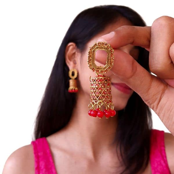 gold oxidized cutwork drop earrings with blue beads gold oxidized cutwork drop earrings with blue beads