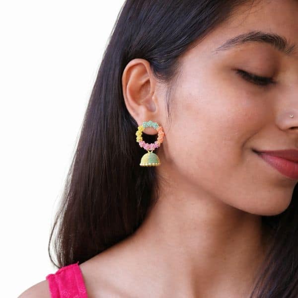 multicolor floral hoop jhumka earrings with green beads multicolor floral hoop jhumka earrings with green beads