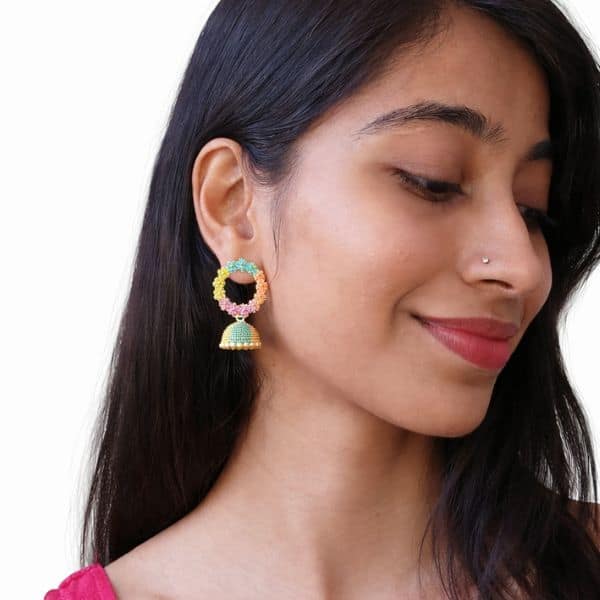 multicolor floral hoop jhumka earrings with green beads multicolor floral hoop jhumka earrings with green beads