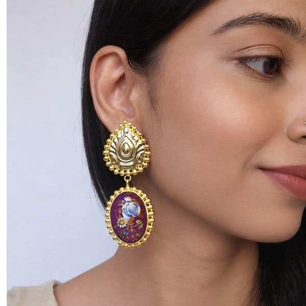 purple meenakari floral drop earrings with gold finish purple meenakari floral drop earrings with gold finish
