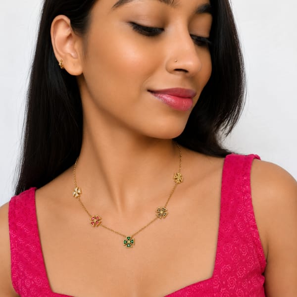 multicolor floral charm gold tone necklace for women | elegant everyday & party wear necklace