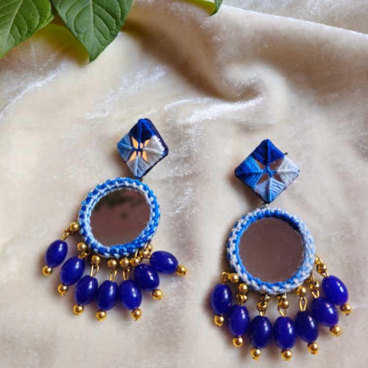 blue and white floral mirror earrings